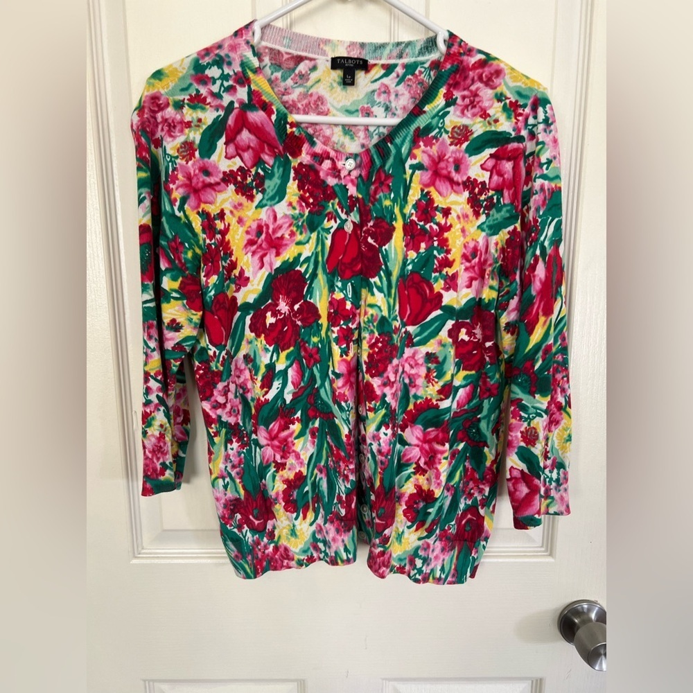 Talbots Petites Floral Cardigan Sweater Pink Green Button Front Size LP